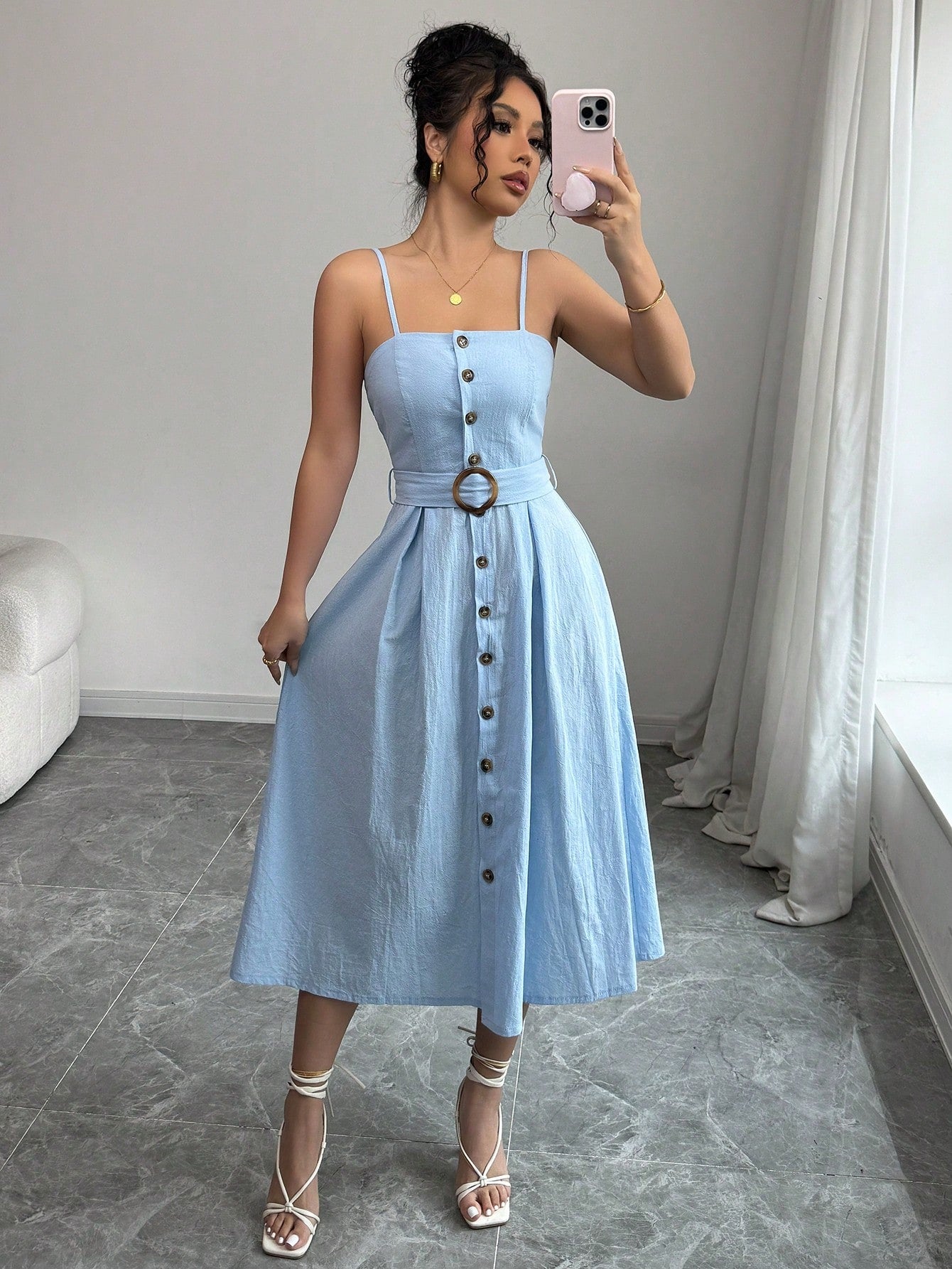 Belted Button Down Linen Midi Dress