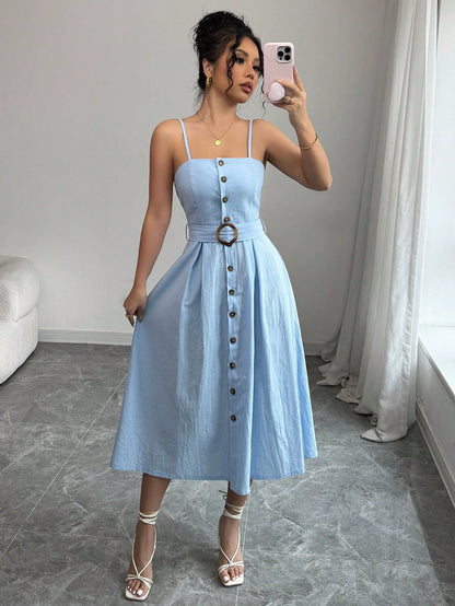  Belted Button Down Linen Midi Dress
