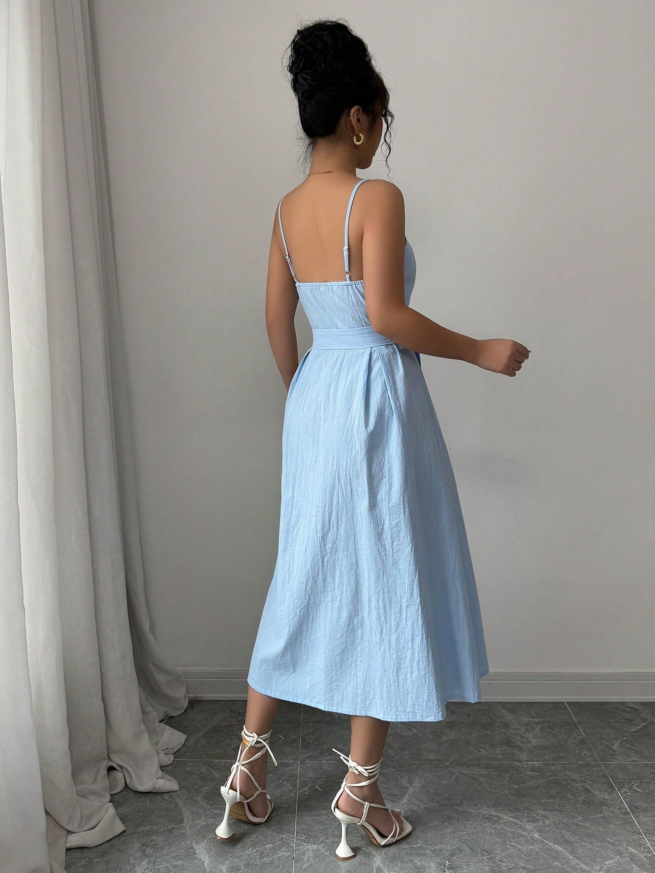  Belted Button Down Linen Midi Dress