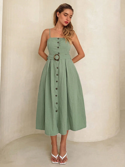  Belted Button Down Linen Midi Dress