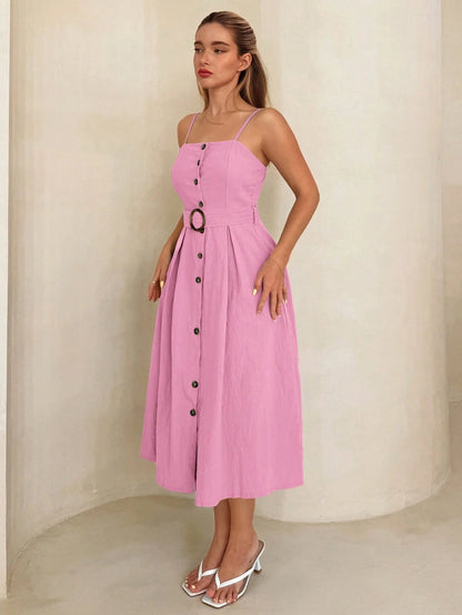  Belted Button Down Linen Midi Dress