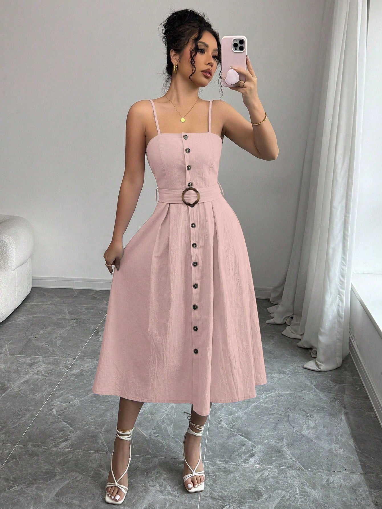  Belted Button Down Linen Midi Dress