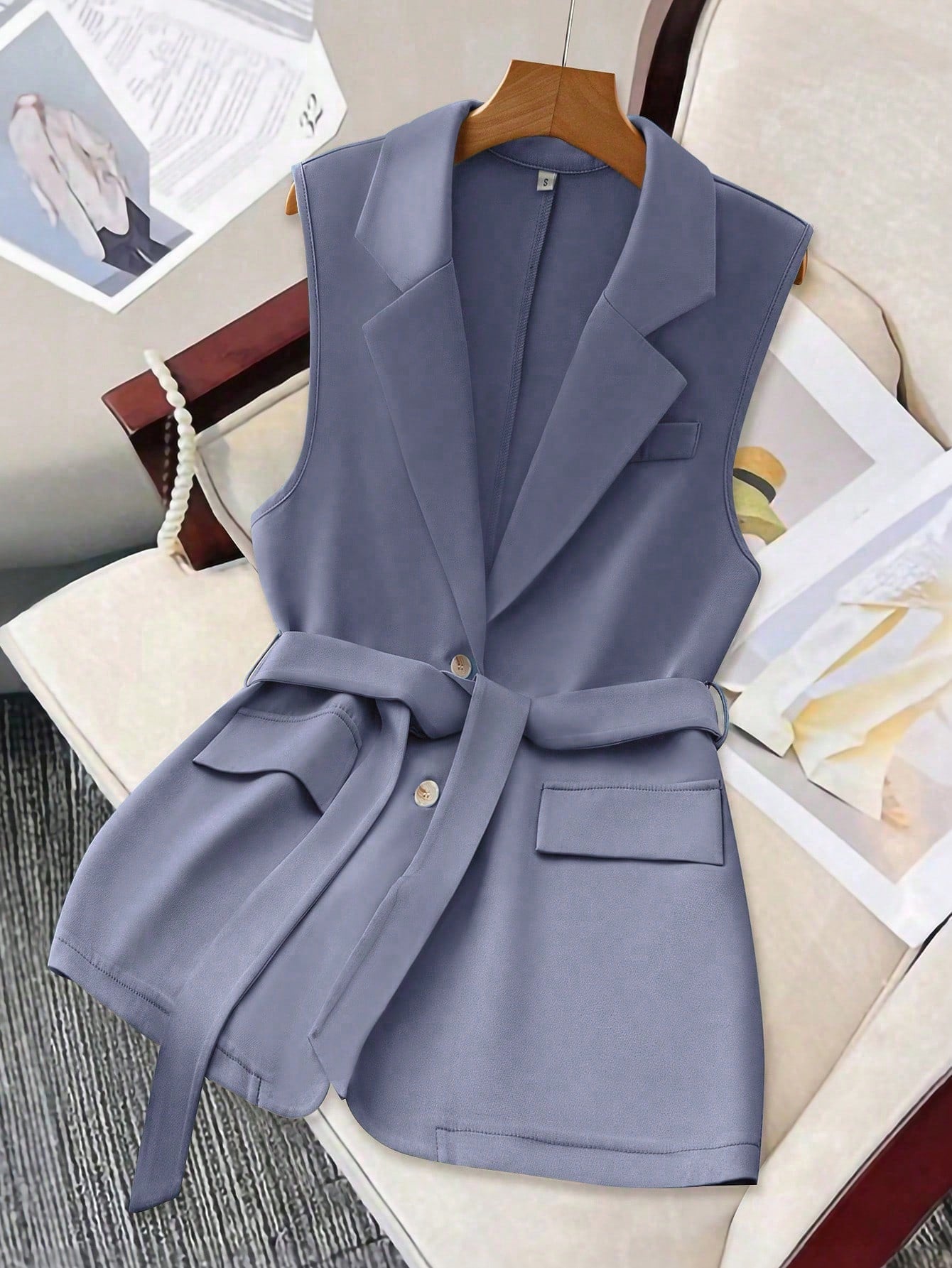 Belted Tailored Sleeveless Blazer