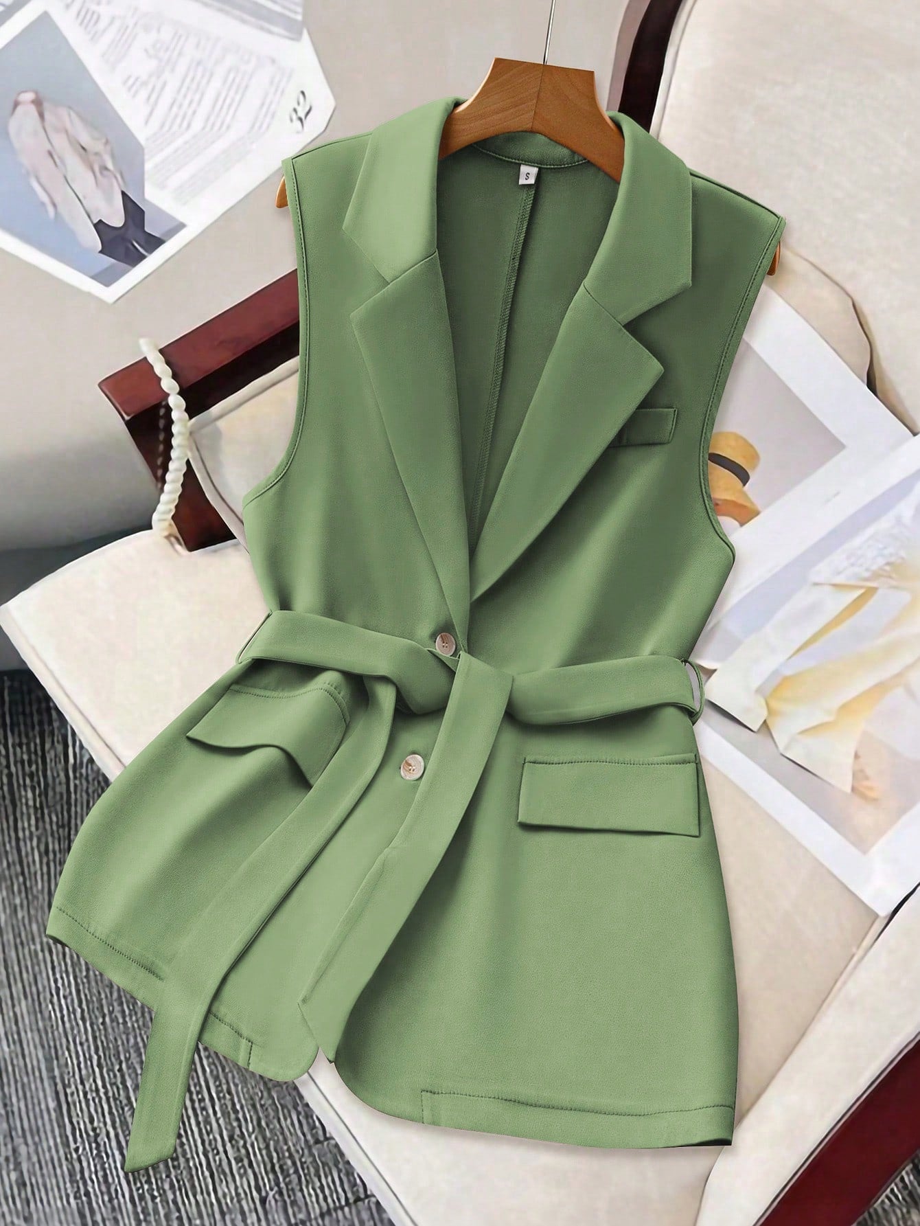 Belted Tailored Sleeveless Blazer
