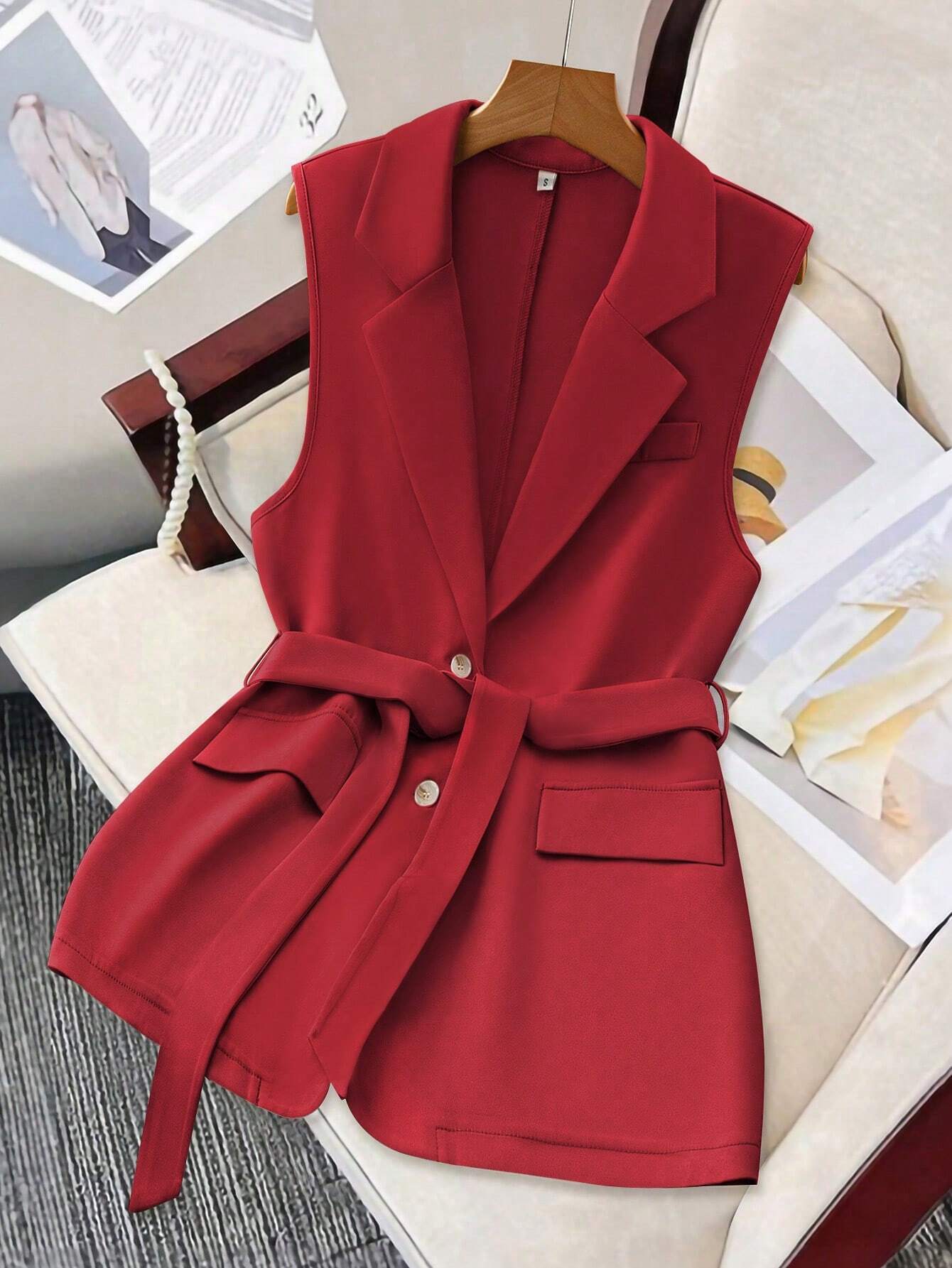 Belted Tailored Sleeveless Blazer