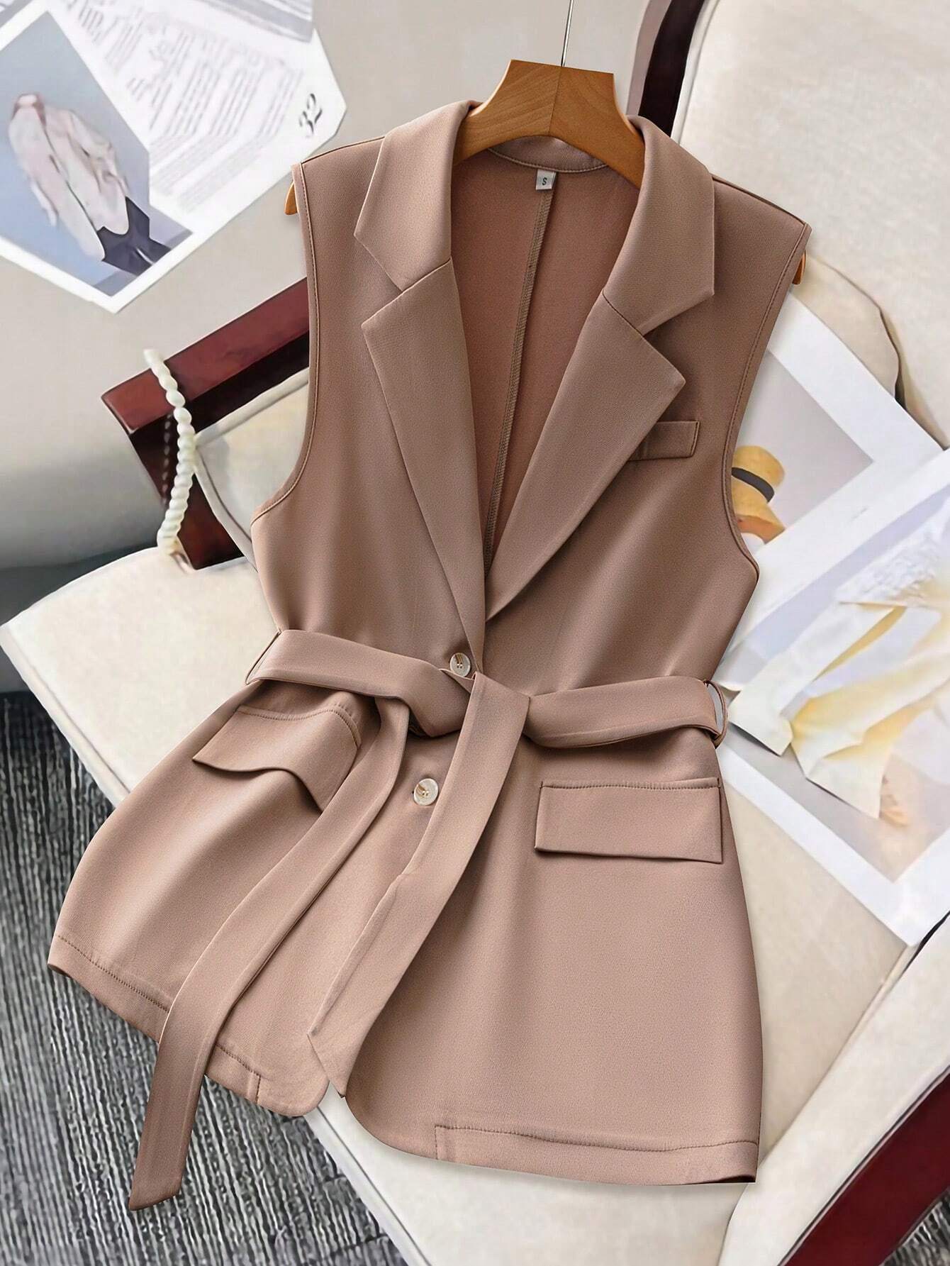 Belted Tailored Sleeveless Blazer
