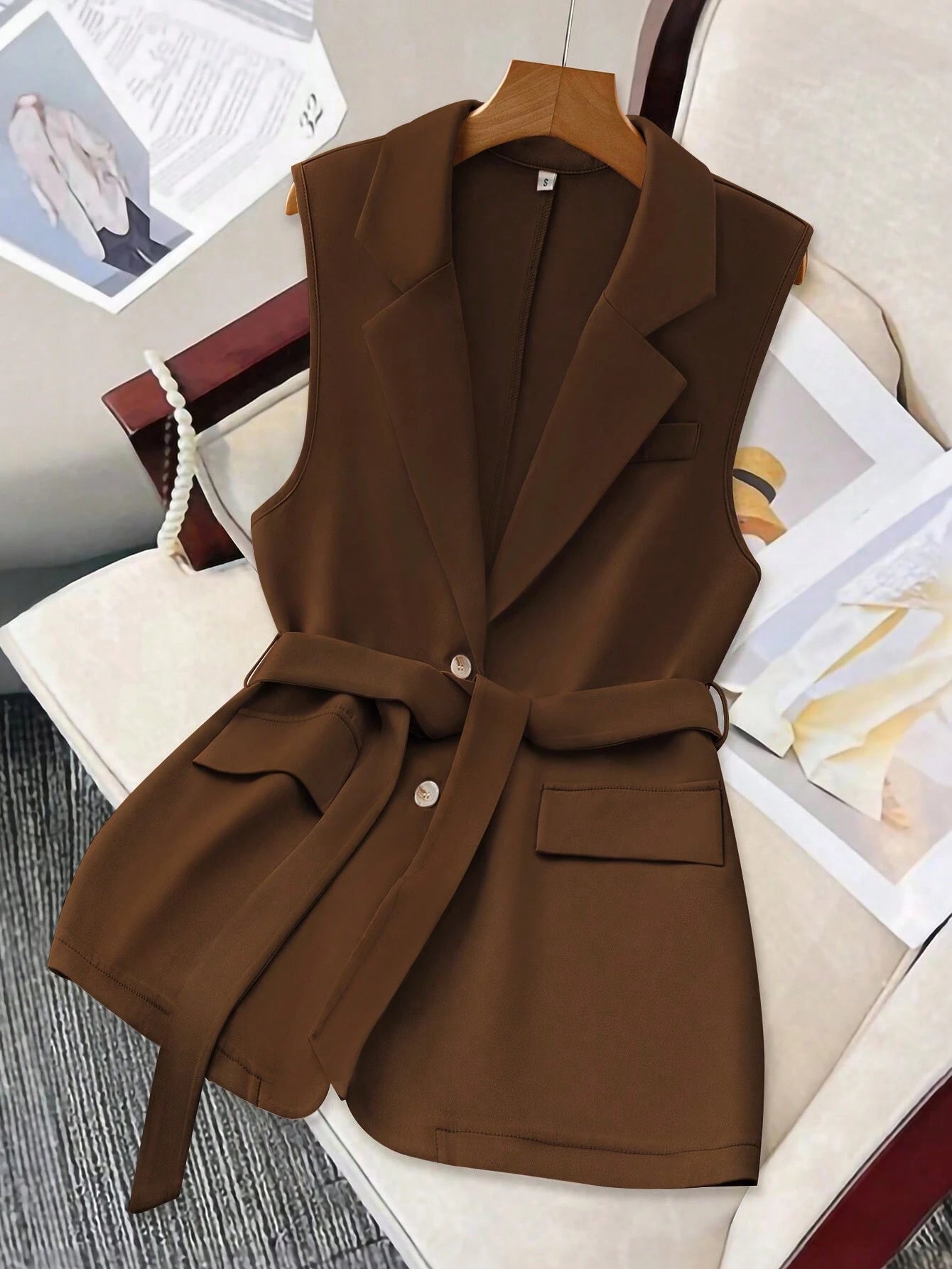 Belted Tailored Sleeveless Blazer