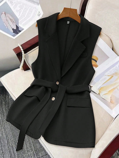 Belted Tailored Sleeveless Blazer