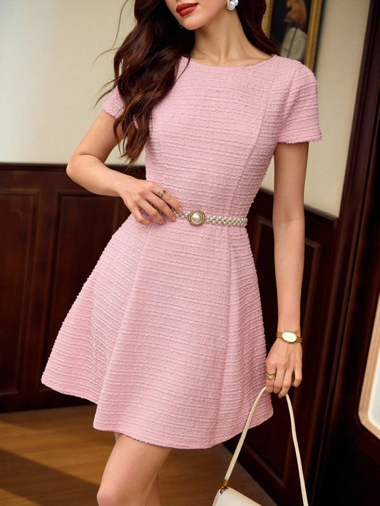  Belted Tweed Short Sleeve Dress
