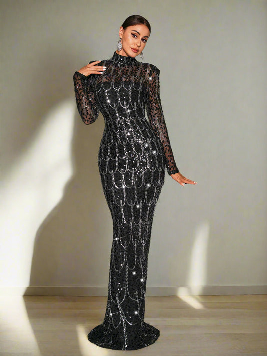 Black Sequin Long Sleeve Evening Gown