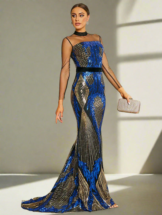 Blue Gold Mesh Sleeve Sequin Gown