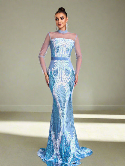 Blue Gold Mesh Sleeve Sequin Gown