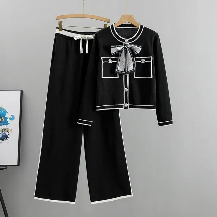 Bow Knit Cardigan & Wide Leg Pants Set