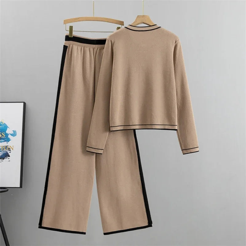 Bow Knit Cardigan & Wide Leg Pants Set