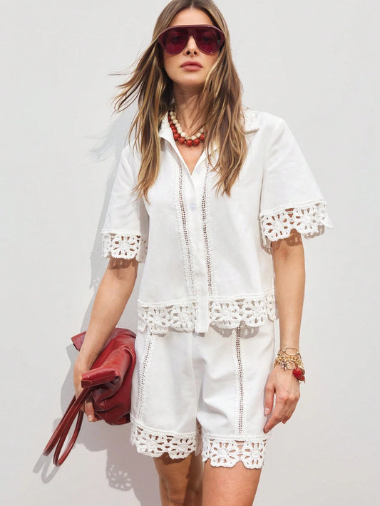  Broderie Anglaise Cotton Shorts Set