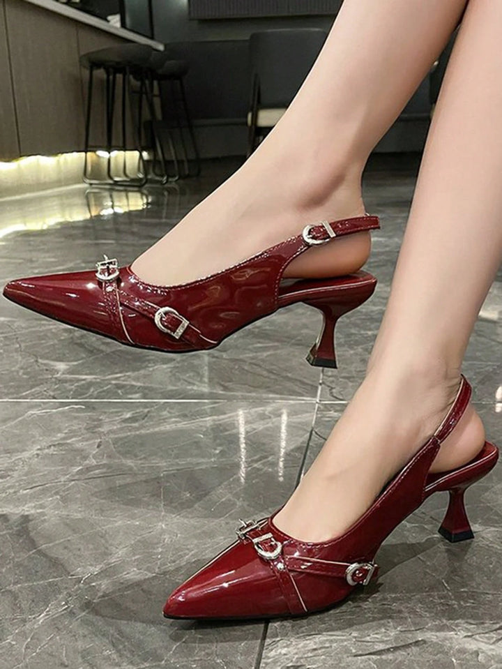 Buckle Detail Pointed Toe Slingback Pumps