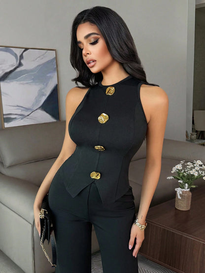 Button Sleeveless Waistcoat Set