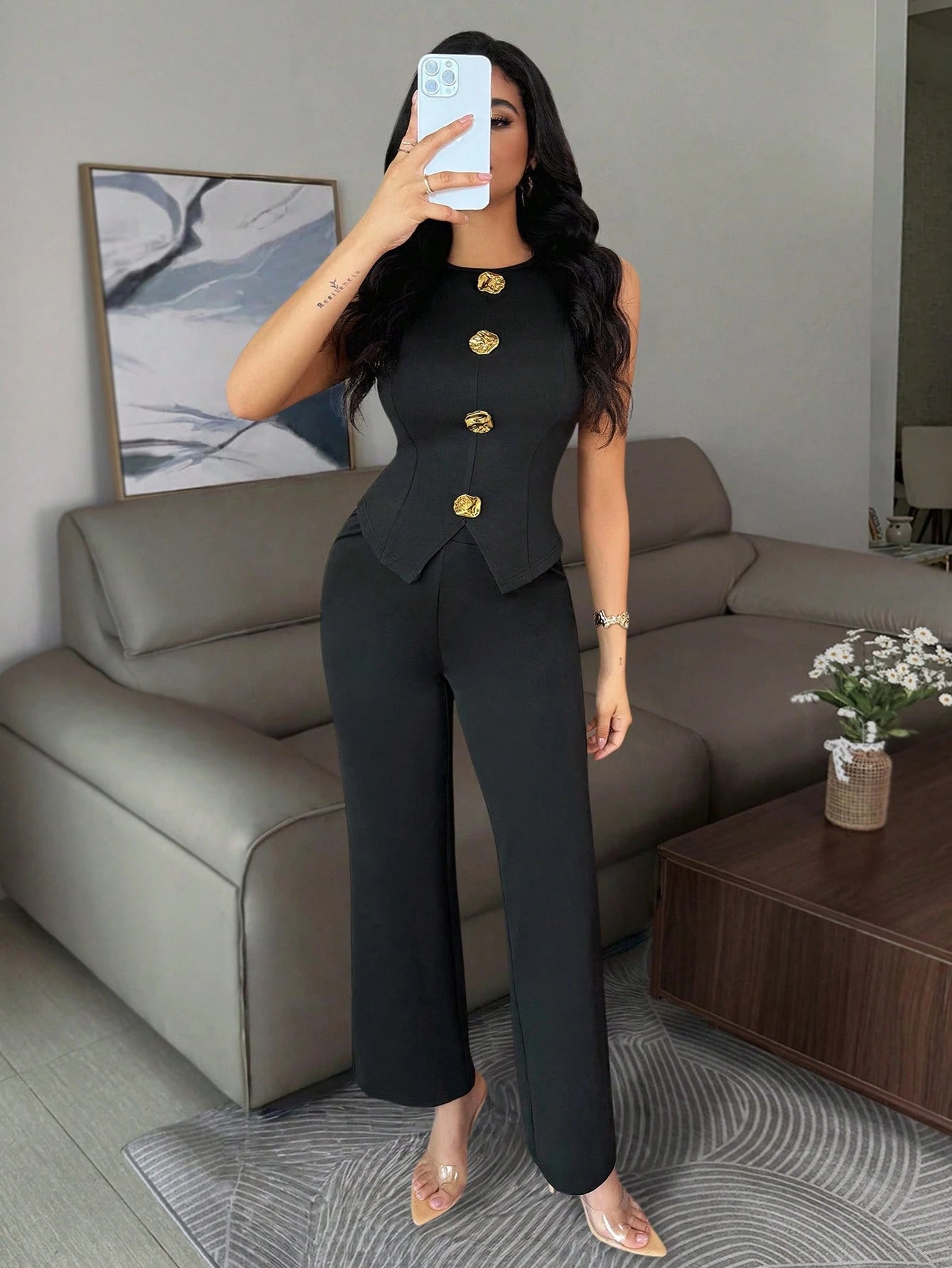 Button Sleeveless Waistcoat Set