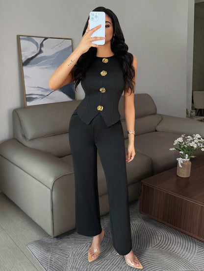 Button Sleeveless Waistcoat Set
