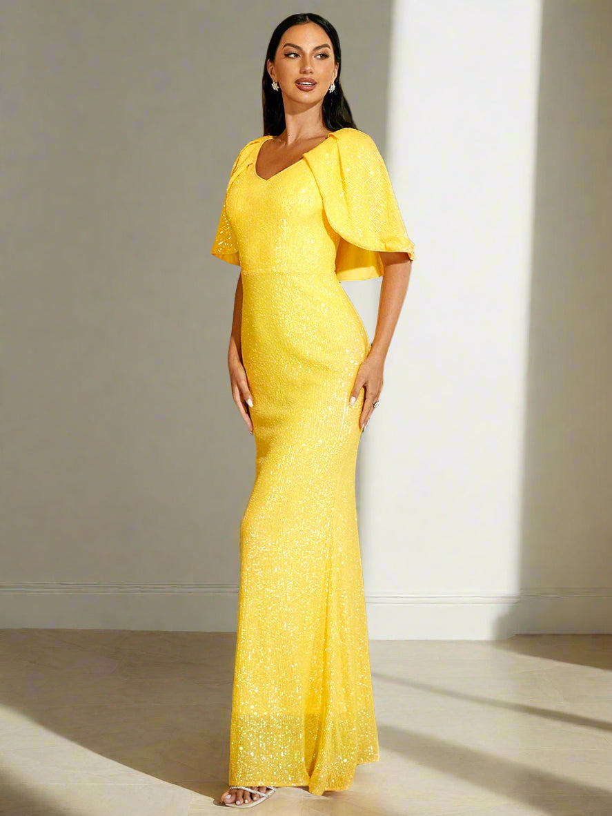 Cape Sleeve Sequin Formal Gown