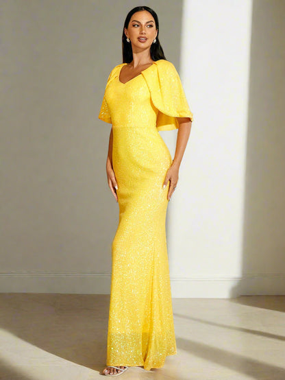 Cape Sleeve Sequin Formal Gown