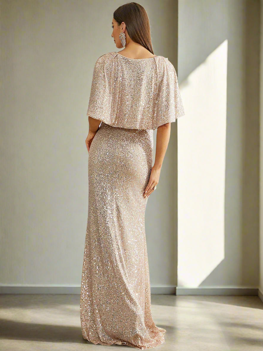 Cape Sleeve Sequin Formal Gown