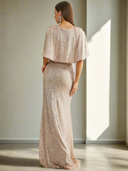 Cape Sleeve Sequin Formal Gown