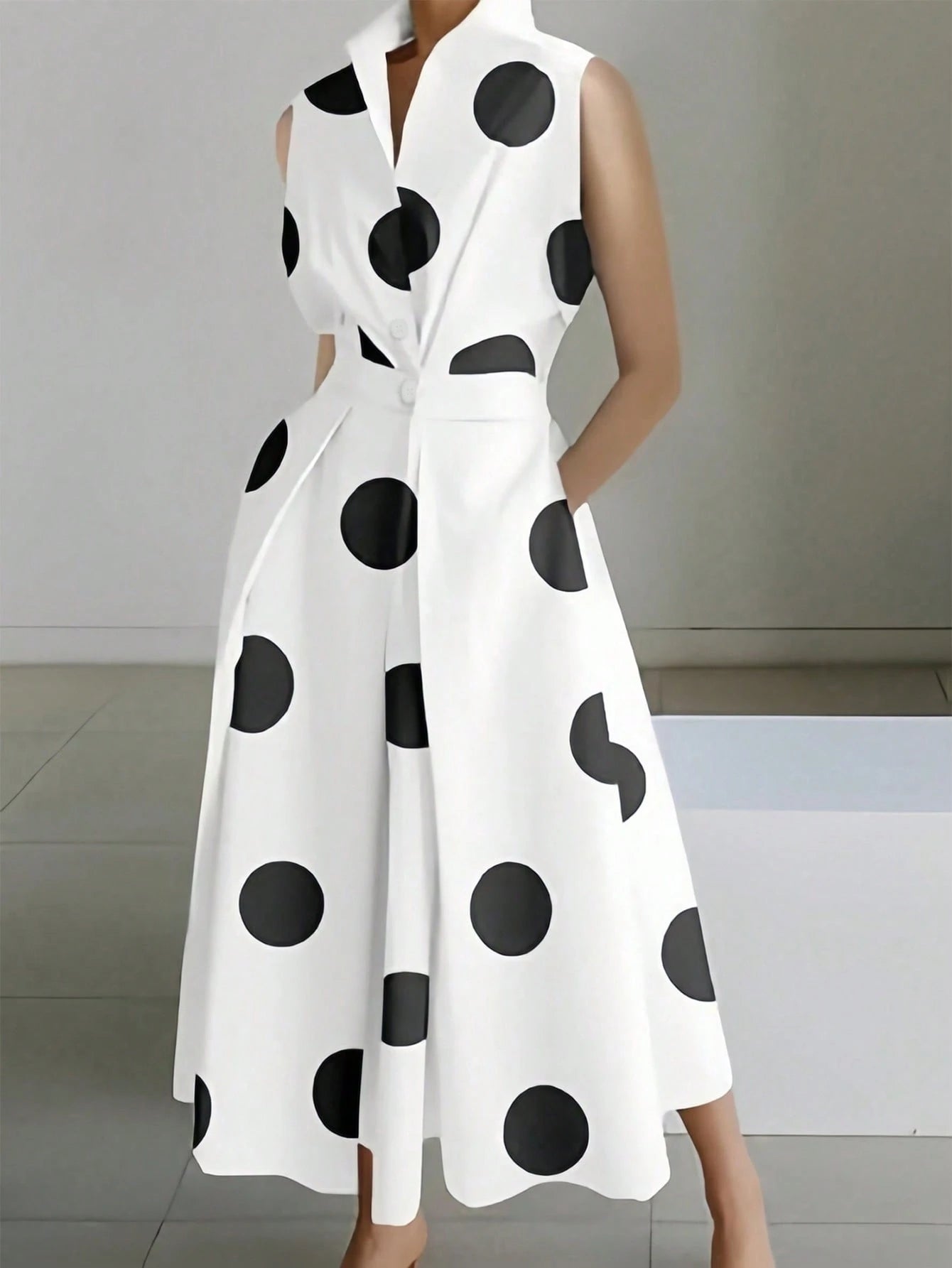  Collared Twist Front Polka Dot Dress