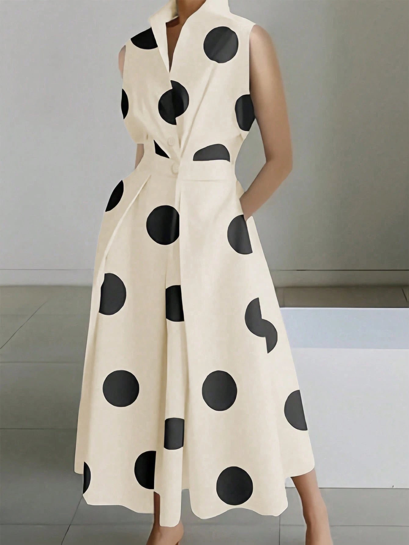  Collared Twist Front Polka Dot Dress