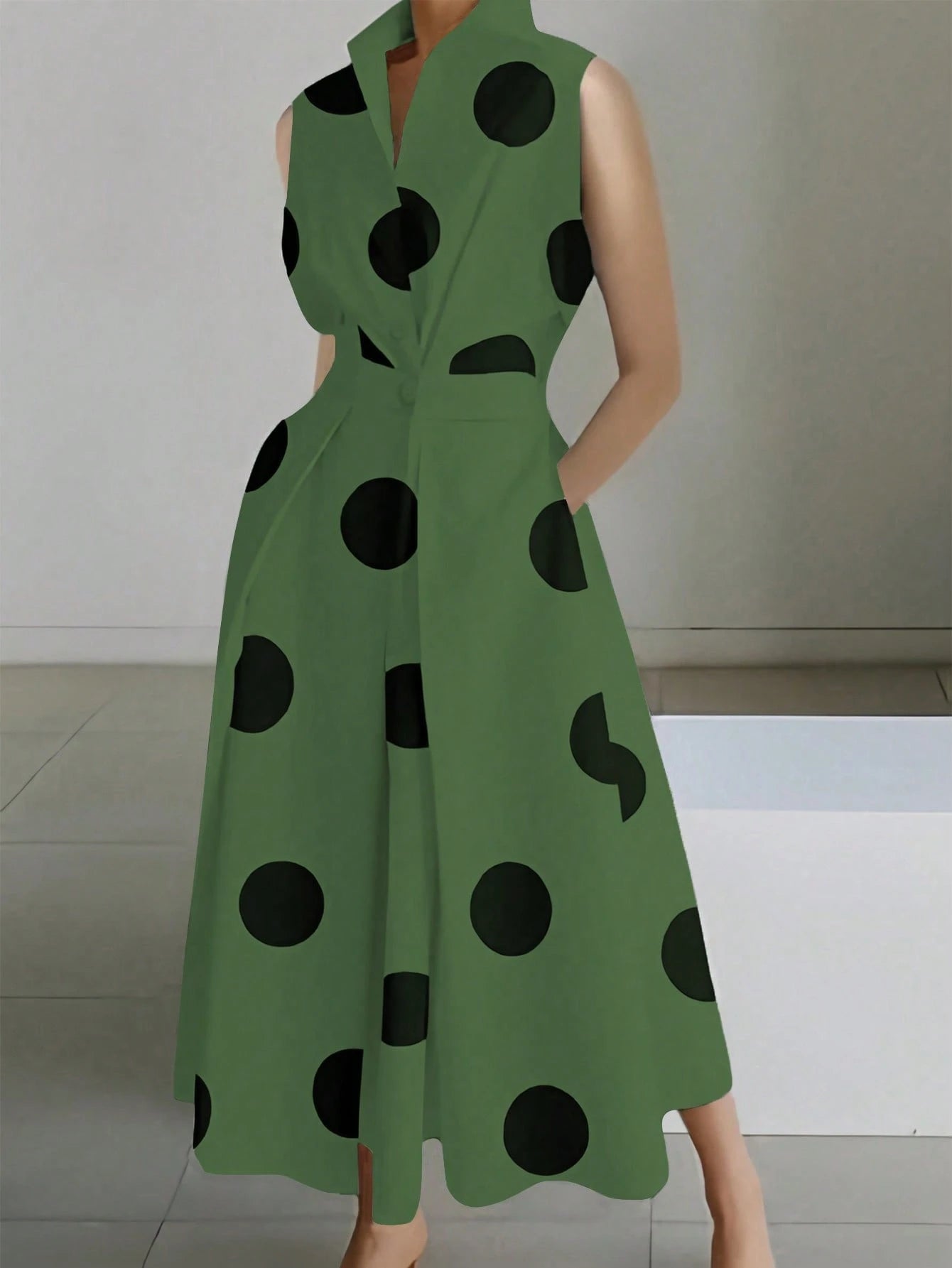  Collared Twist Front Polka Dot Dress