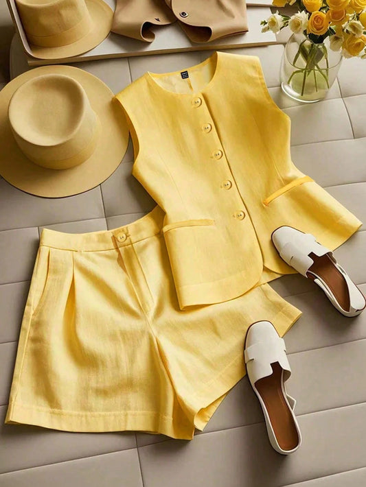  Collarless Linen Waistcoat Shorts Set