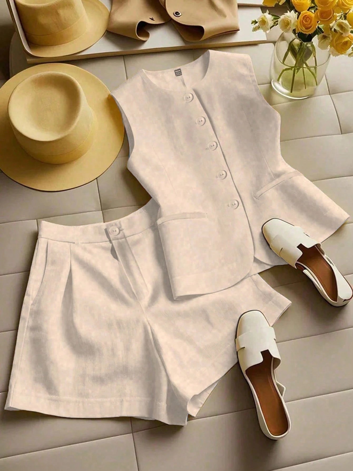  Collarless Linen Waistcoat Shorts Set