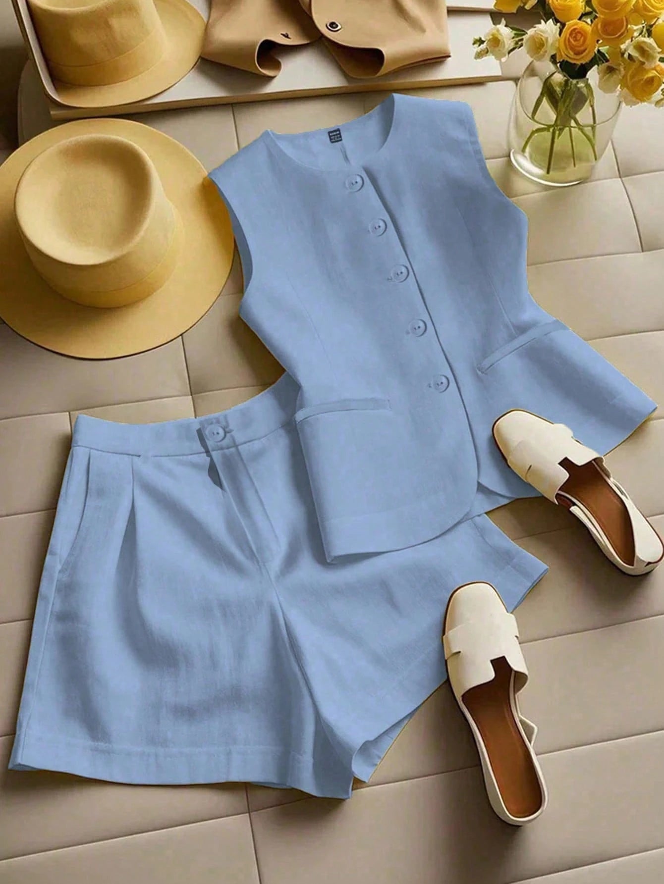  Collarless Linen Waistcoat Shorts Set