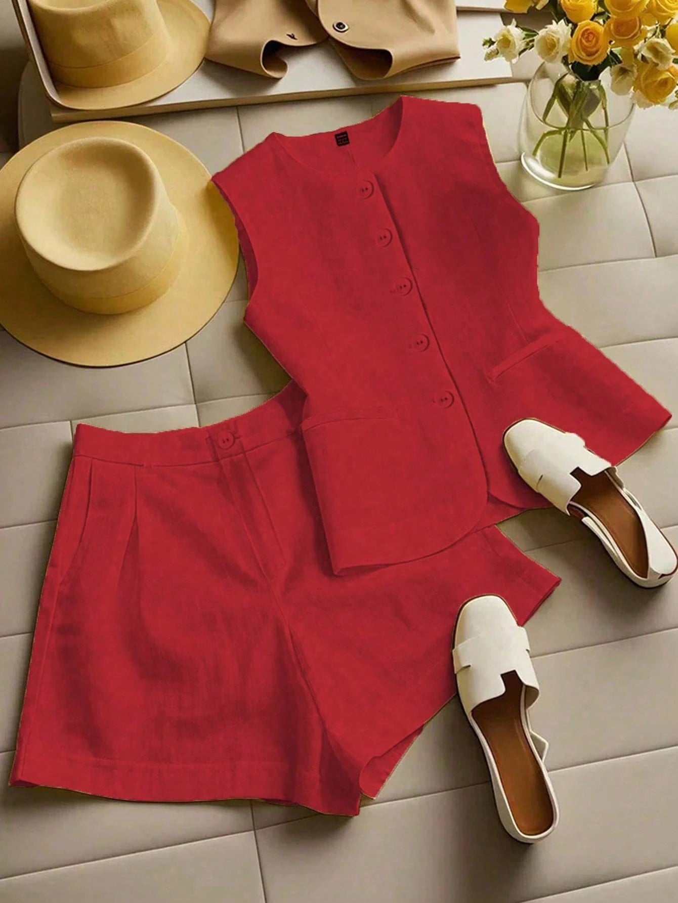  Collarless Linen Waistcoat Shorts Set