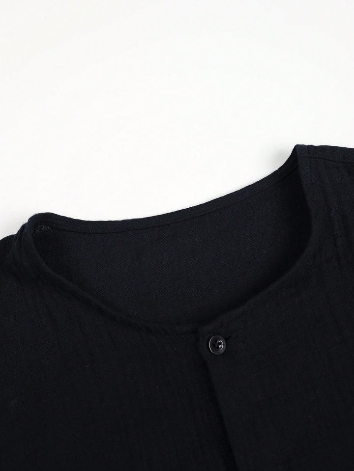 Collarless Textured Linen Shirt