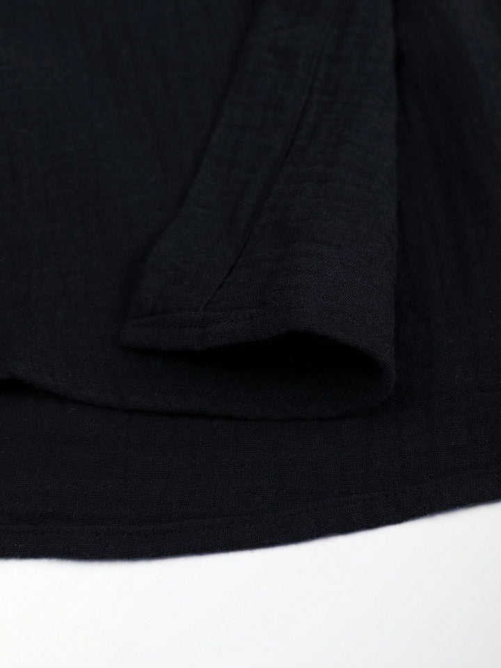 Collarless Textured Linen Shirt