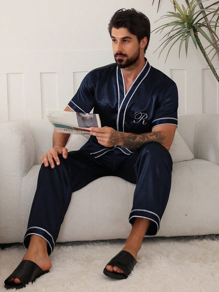 Contrast Piping Satin Pajama Set
