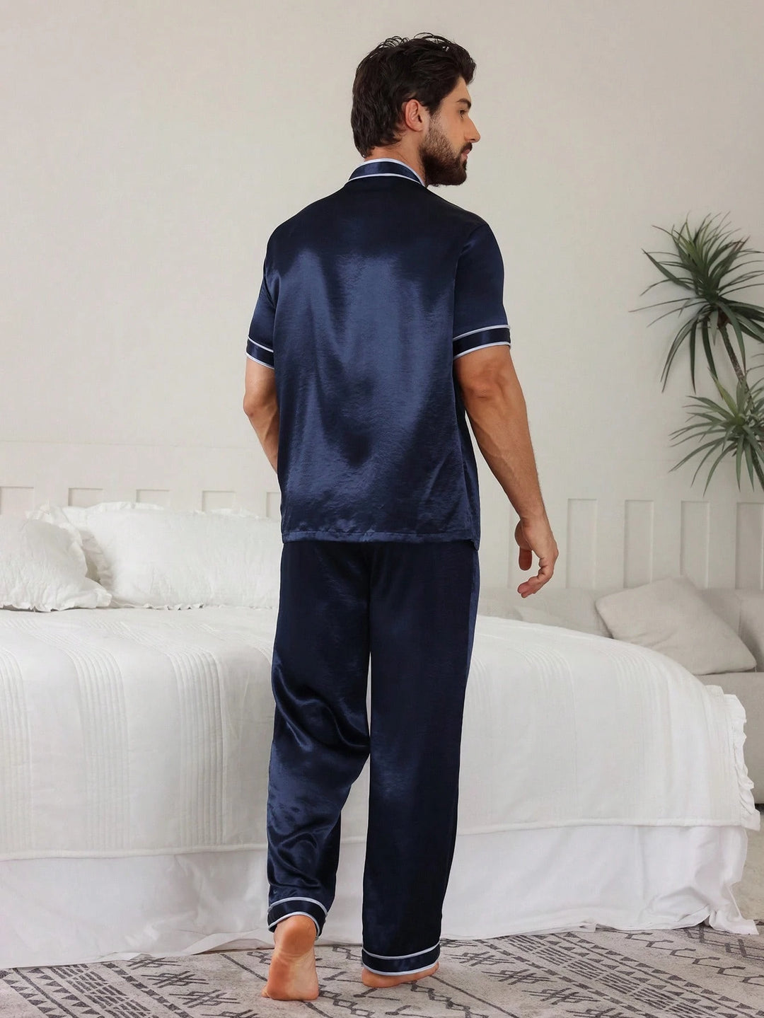 Contrast Piping Satin Pajama Set