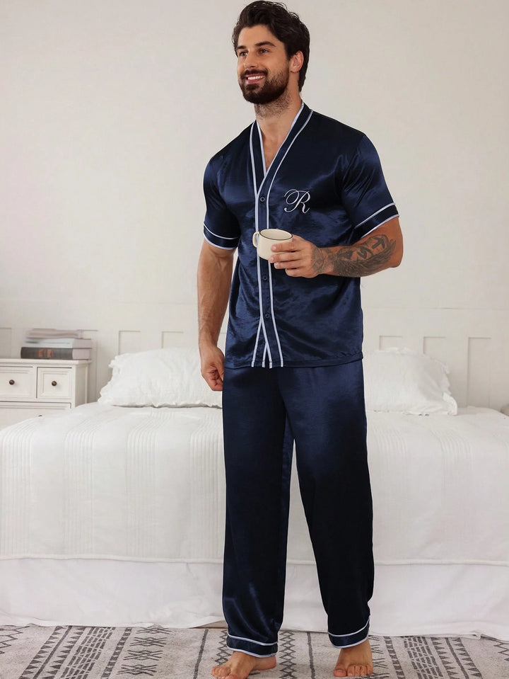 Contrast Piping Satin Pajama Set