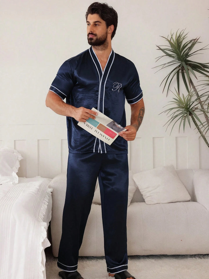 Contrast Piping Satin Pajama Set