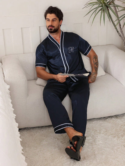 Contrast Piping Satin Pajama Set