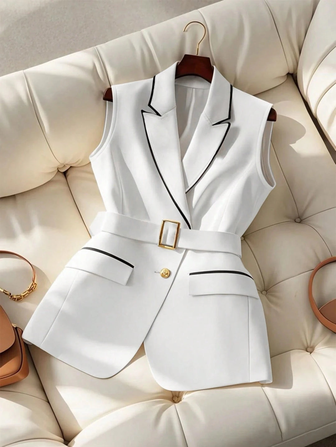 Contrast Trim Belted Sleeveless Blazer
