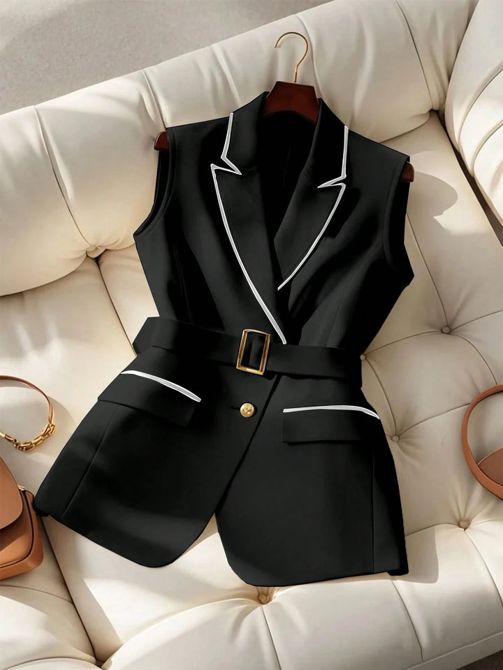Contrast Trim Belted Sleeveless Blazer