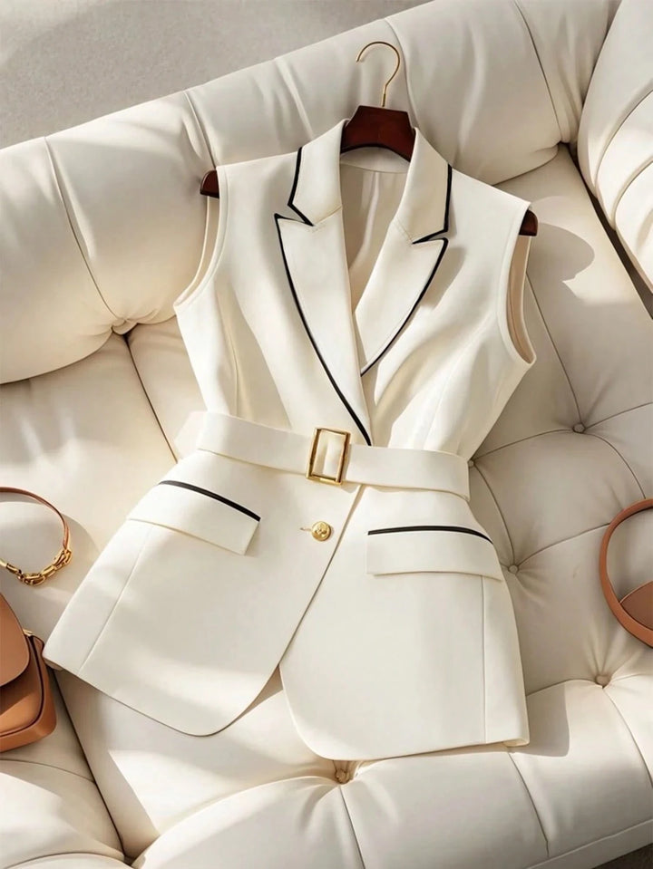Contrast Trim Belted Sleeveless Blazer