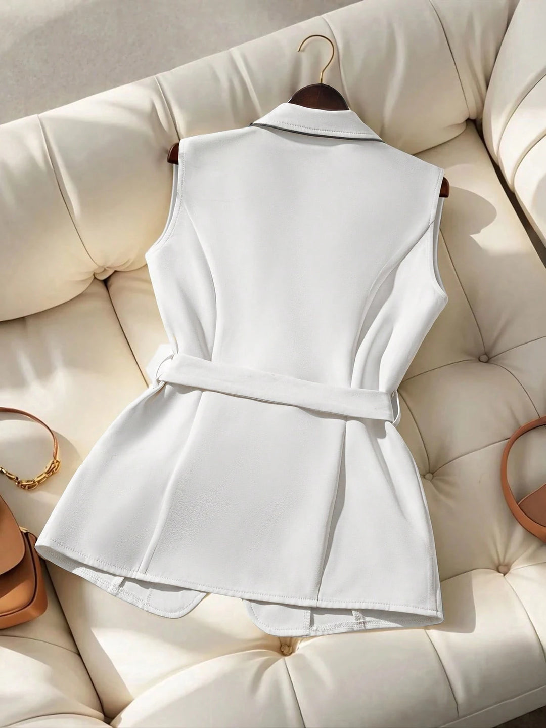 Contrast Trim Belted Sleeveless Blazer