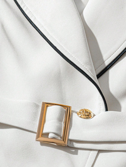 Contrast Trim Belted Sleeveless Blazer
