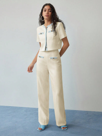 Contrast Trim Short Sleeve Pant Set