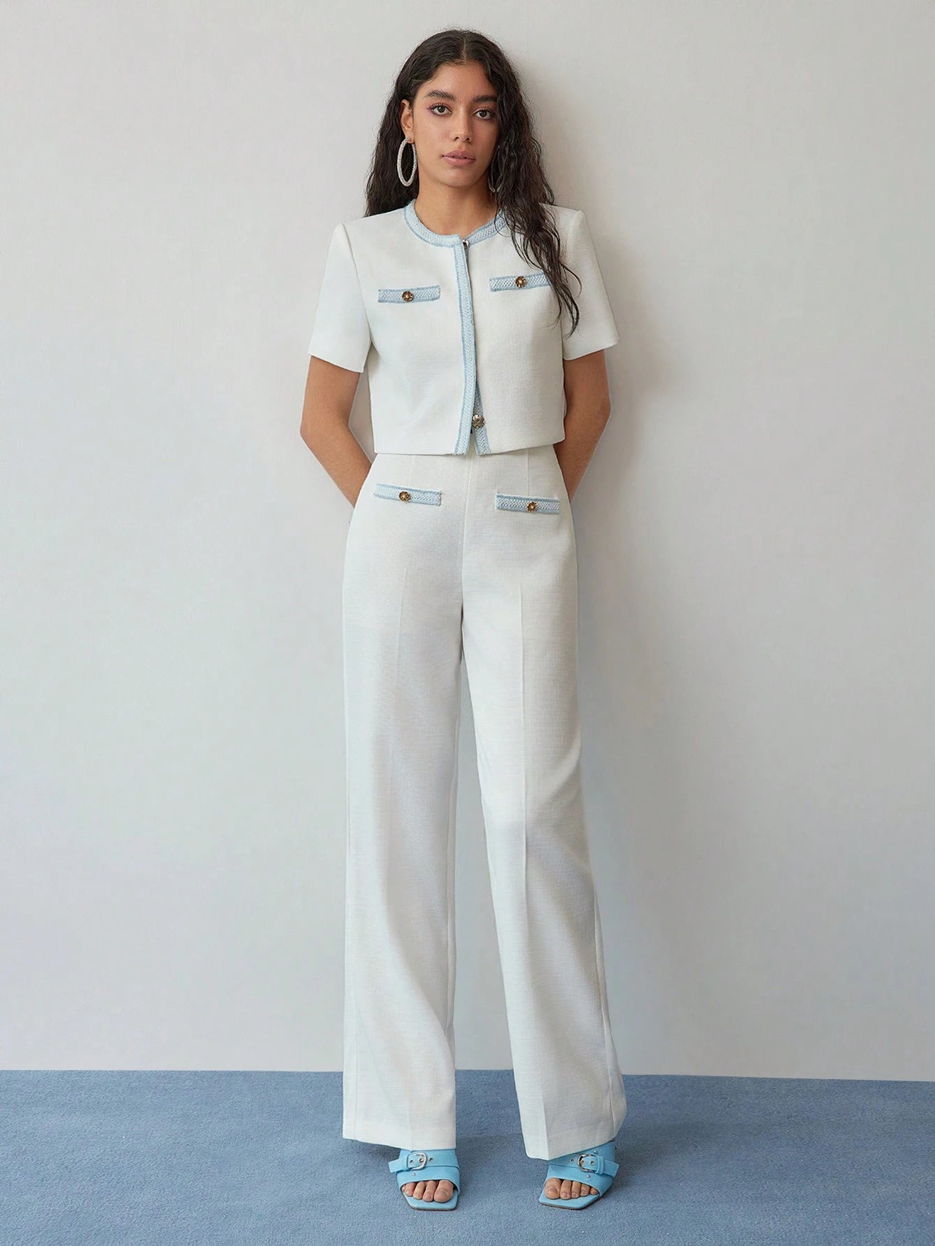 Contrast Trim Short Sleeve Pant Set