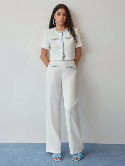 Contrast Trim Short Sleeve Pant Set
