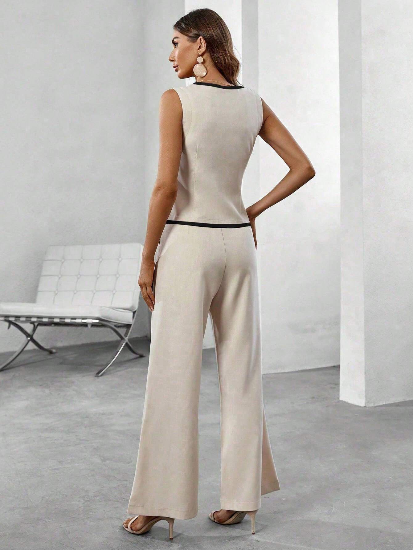 Contrast Trim Sleeveless Waistcoat Set